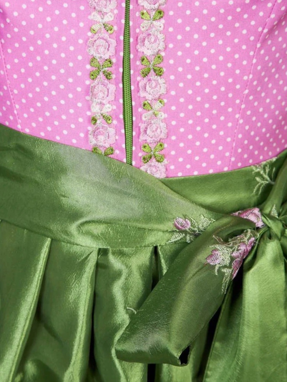 NWT pink polka dot midi dirndl with embroidered green taffeta apron. - Picture 3 of 10
